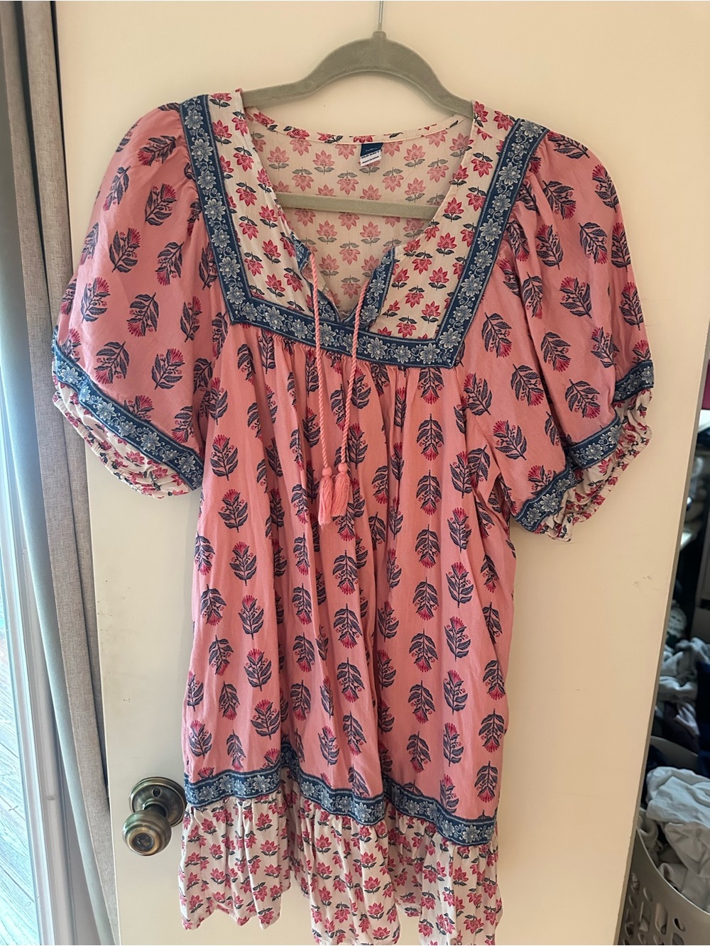 Old Navy Pink Floral Block Print Mini Dress with Blue Trim